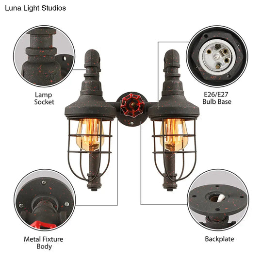 Industrial Metallic 2-Light Wall Sconce With Cage Shade And Red Valve - Black/Bronze Tubed Kitchen