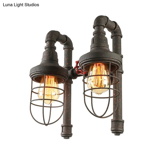 Industrial Metallic 2-Light Wall Sconce With Cage Shade And Red Valve - Black/Bronze Tubed Kitchen