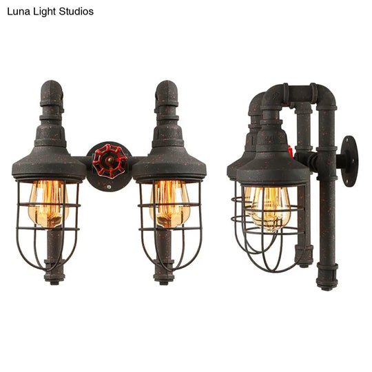 Industrial Metallic 2-Light Wall Sconce With Cage Shade And Red Valve - Black/Bronze Tubed Kitchen