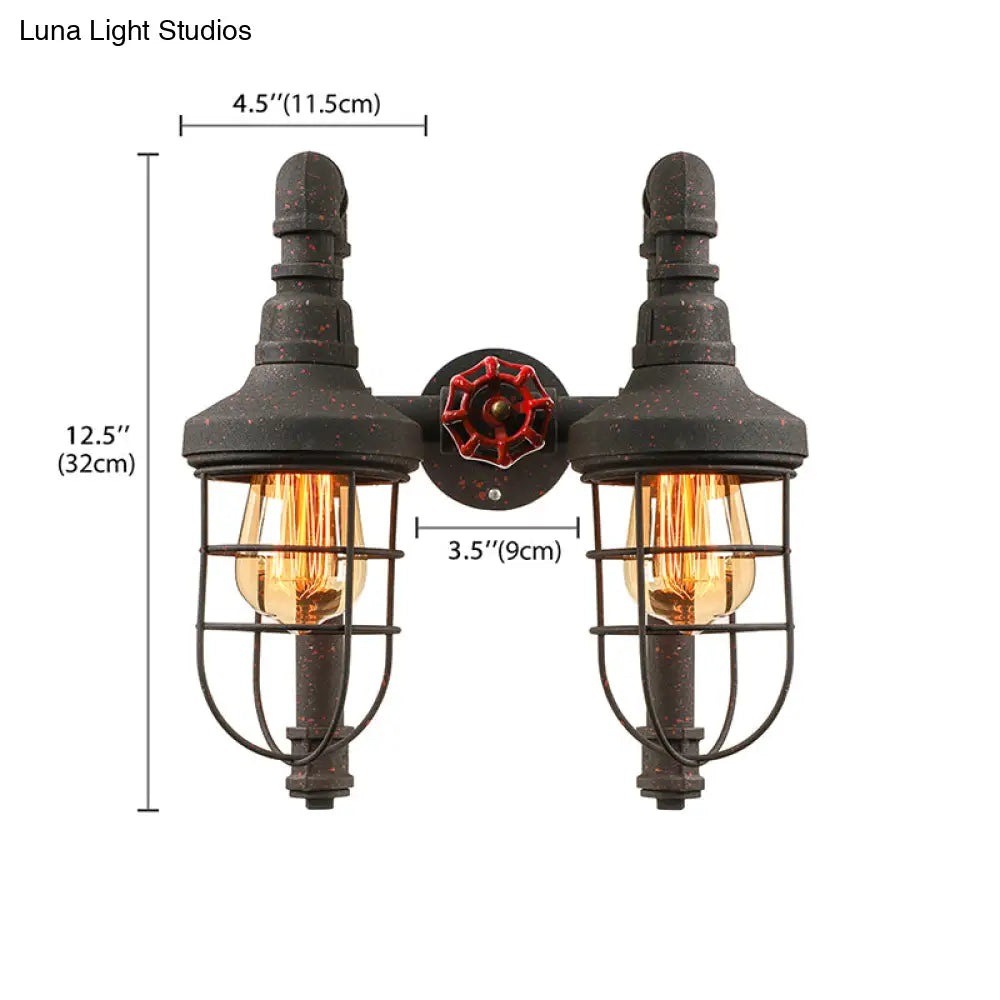 Industrial Metallic 2-Light Wall Sconce With Cage Shade And Red Valve - Black/Bronze Tubed Kitchen