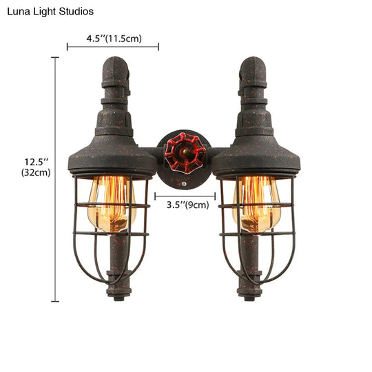 Industrial Metallic 2-Light Wall Sconce With Cage Shade And Red Valve - Black/Bronze Tubed Kitchen