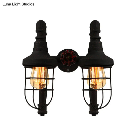 Industrial Metallic 2-Light Wall Sconce With Cage Shade And Red Valve - Black/Bronze Tubed Kitchen