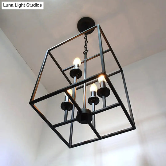 Industrial Metallic 4-Head Black Cage Dining Room Chandelier