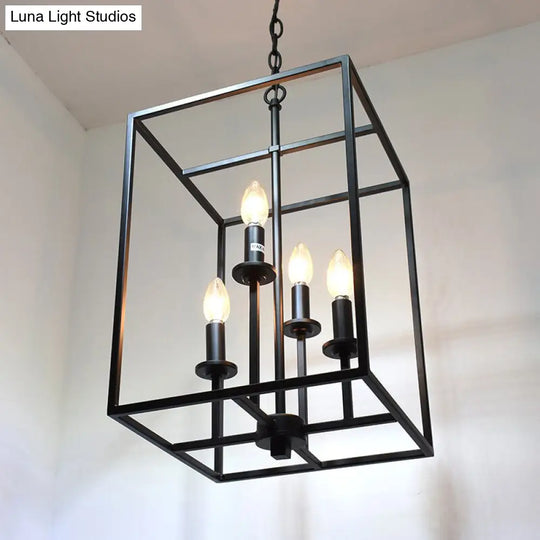 Industrial Metallic Rectangular Cage Chandelier - 4 Head Black Dining Room Hanging Light Fixture