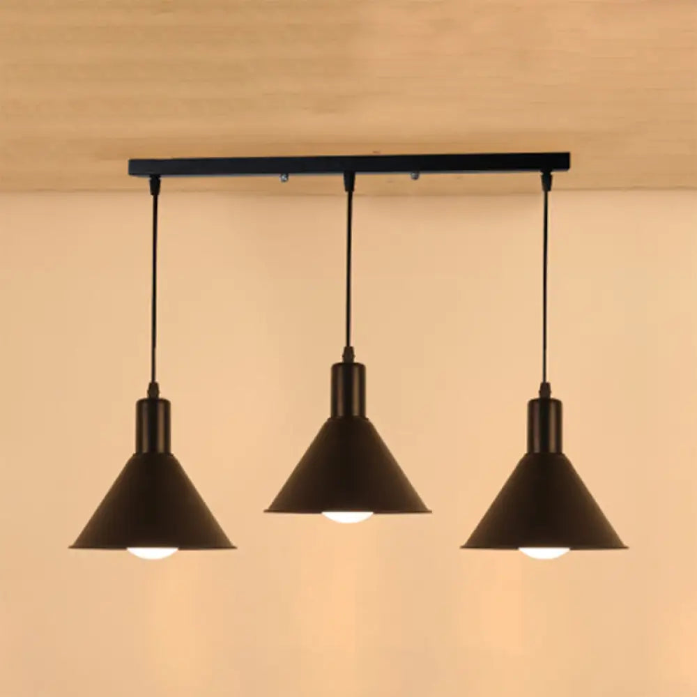 Industrial Metallic Funnel Dining Room Ceiling Light - 3-Light Black Pendant With Linear/Round
