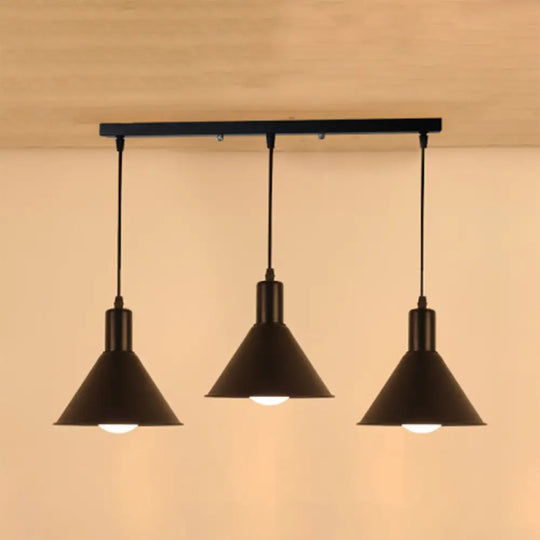 Industrial Metallic Funnel Dining Room Ceiling Light - 3-Light Black Pendant With Linear/Round