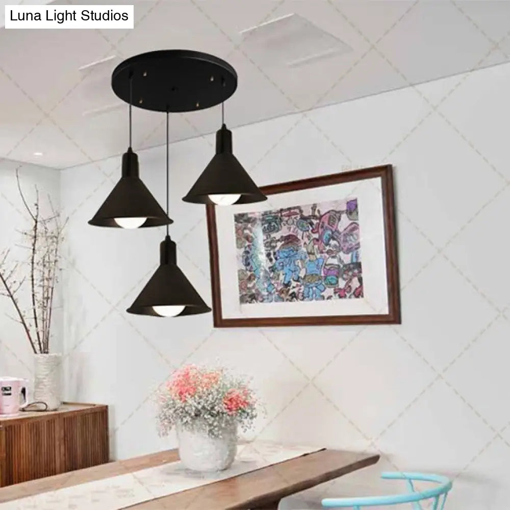 Industrial Metallic Funnel Dining Room Ceiling Light - 3-Light Black Pendant With Linear/Round