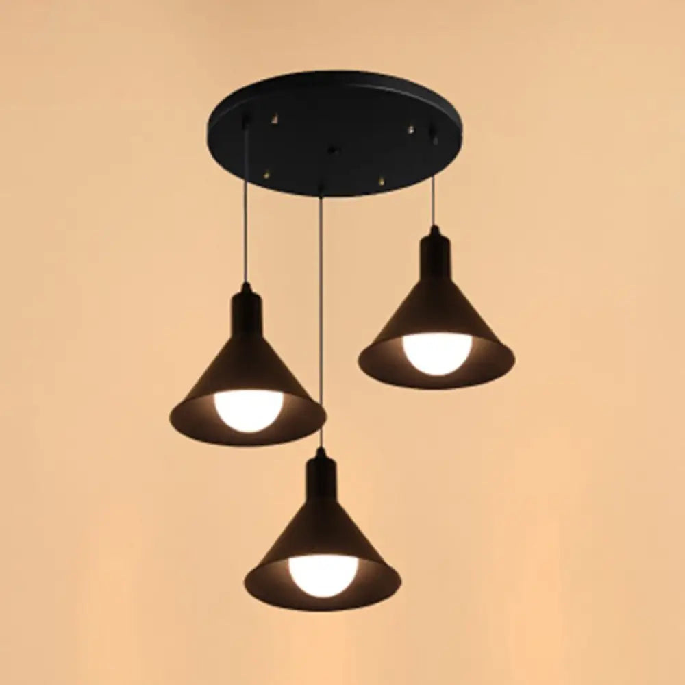 Industrial Metallic Funnel Dining Room Ceiling Light - 3-Light Black Pendant With Linear/Round
