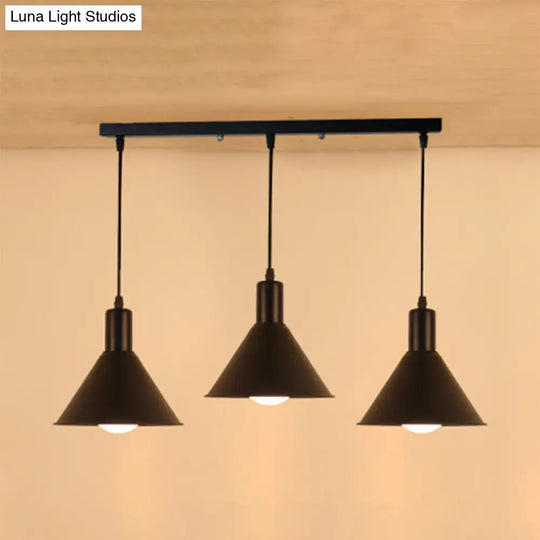 Industrial Metallic Funnel Ceiling Pendant - Black Finish 3 Lights Linear/Round Canopy Ideal For
