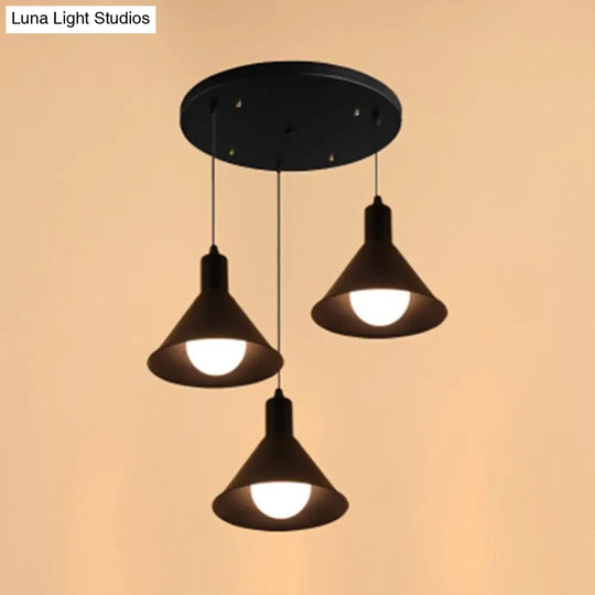 Industrial Metallic Funnel Ceiling Pendant - Black Finish 3 Lights Linear/Round Canopy Ideal For