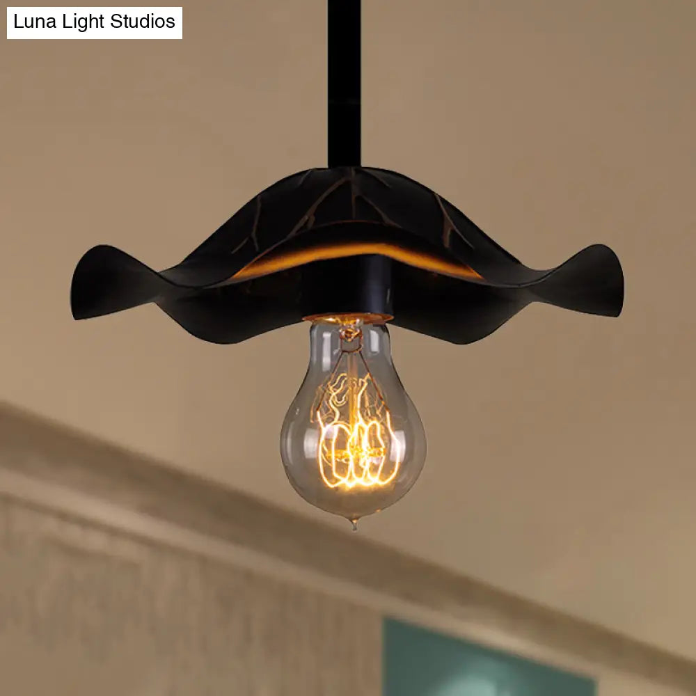 Industrial Metallic Hanging Lamp With Scalloped Shade - 1 Light Black Finish