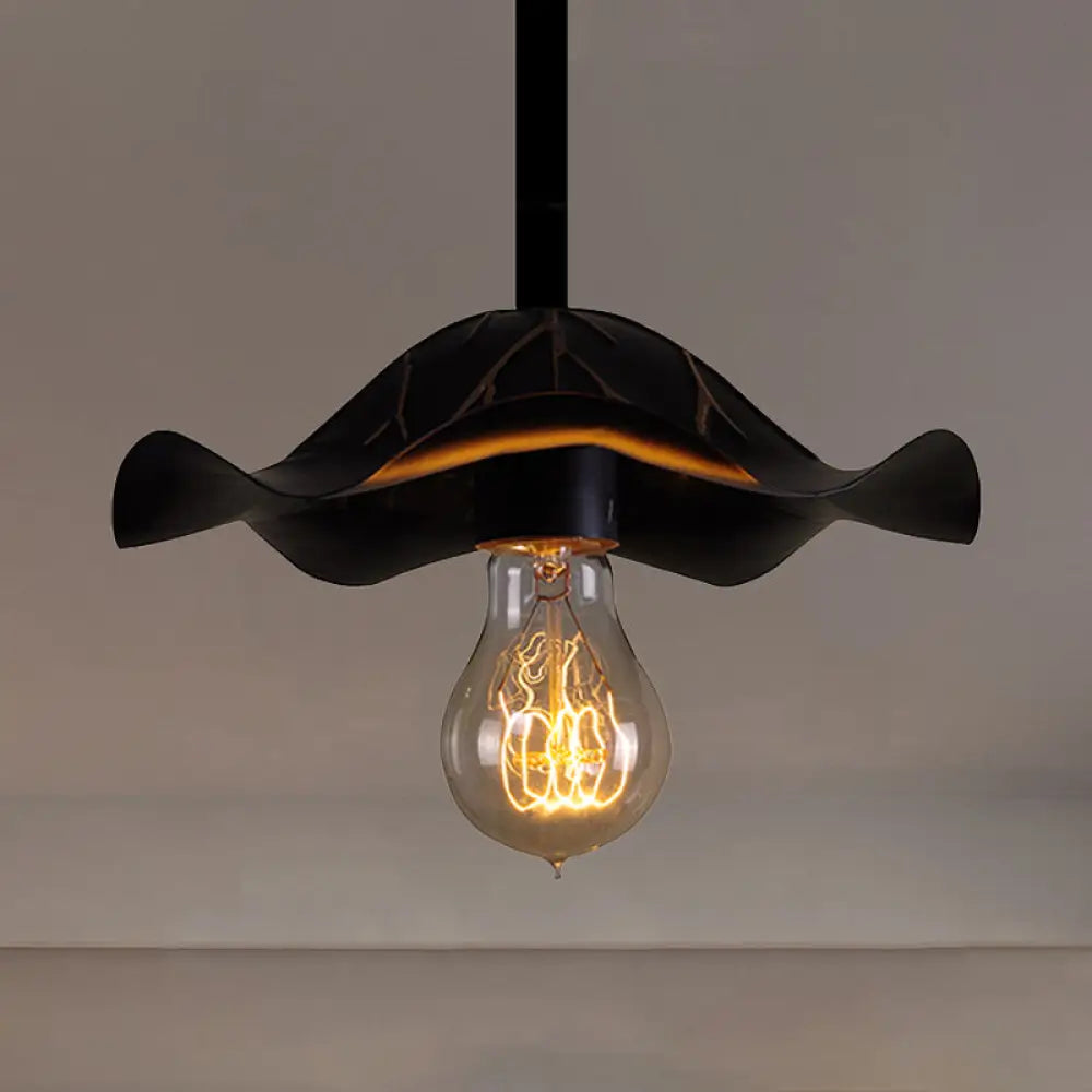Industrial Metallic Hanging Lamp With Scalloped Shade - 1 Light Black Finish