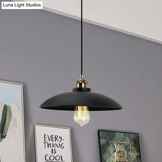 Industrial Metallic Pendant Light Black Saucer Shade 1-Light Dining Table Hanging Lamp