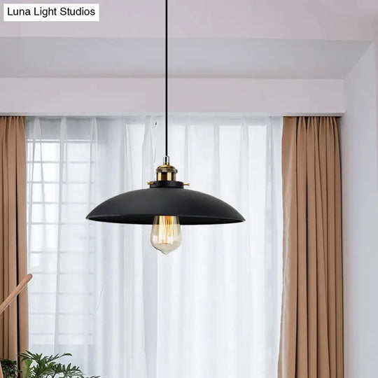 Industrial Metallic Pendant Light Black Saucer Shade 1-Light Dining Table Hanging Lamp