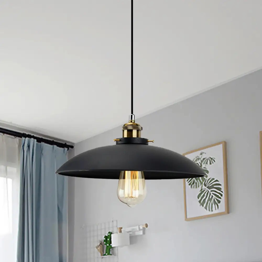 Industrial Metallic Pendant Light Black Saucer Shade 1-Light Dining Table Hanging Lamp