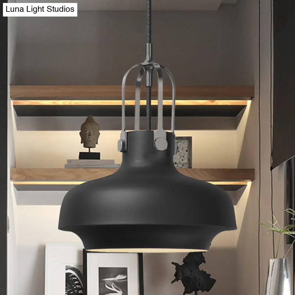 Industrial Metallic Pendant Light With Adjustable Cord - Black/White Bowl Shade 1-Light For Living