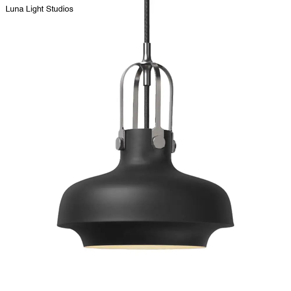 Industrial Metallic Pendant Light With Adjustable Cord - Black/White Bowl Shade 1-Light For Living