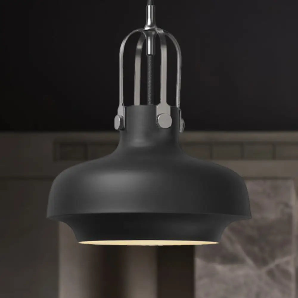 Industrial Metallic Pendant Light With Adjustable Cord - Black/White Bowl Shade 1-Light For Living