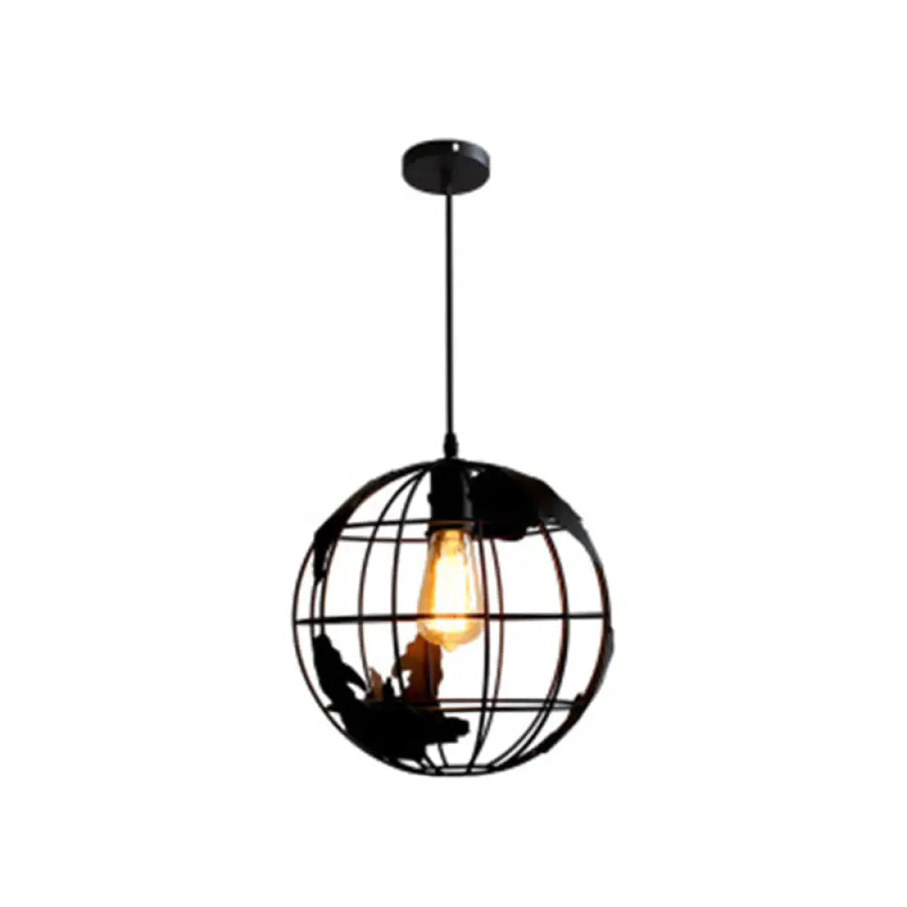 Industrial Metallic Pendant Light With Cage Globe Design For Coffee Shop - 1 Ceiling Fixture Black