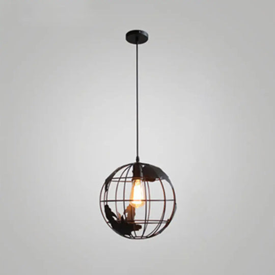 Industrial Metallic Pendant Light With Cage Globe Design For Coffee Shop - 1 Ceiling Fixture Black