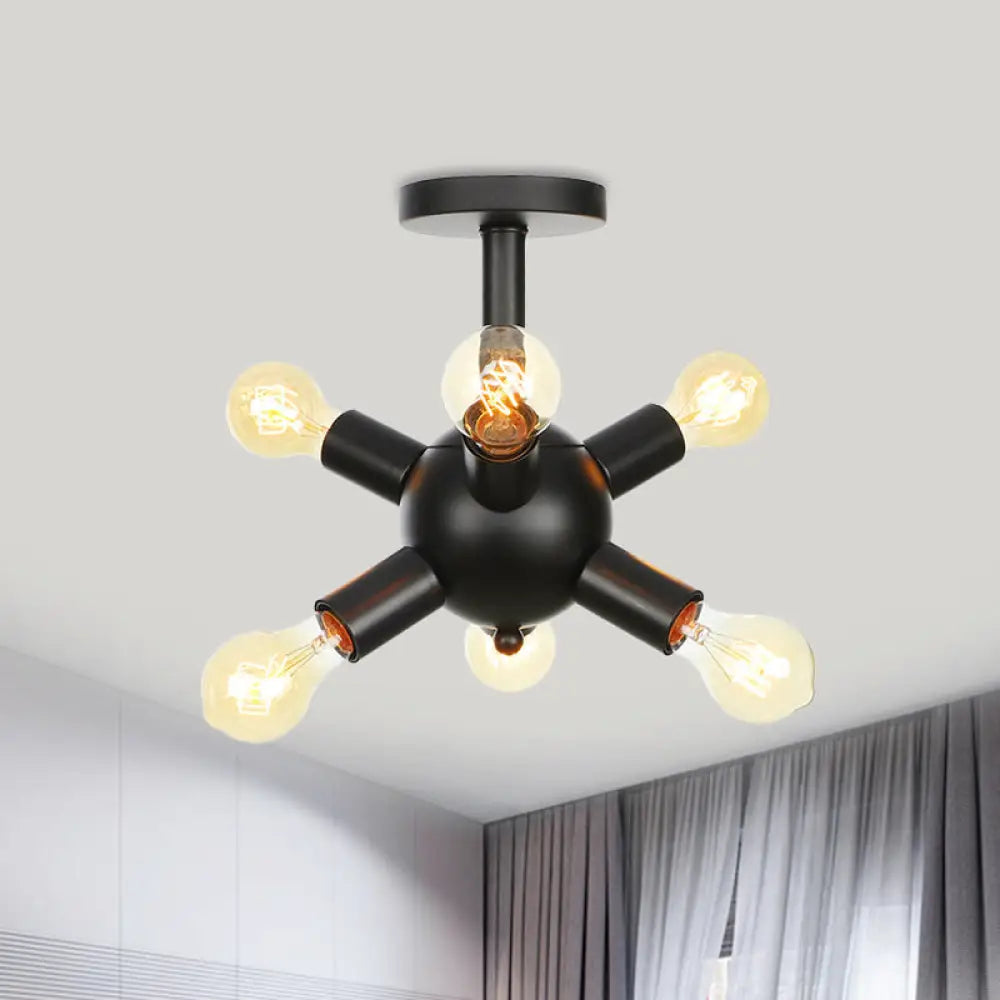 Industrial Metallic Sputnik Semi Flush Light Fixture - Stylish Black Coffee House Mount Lamp With