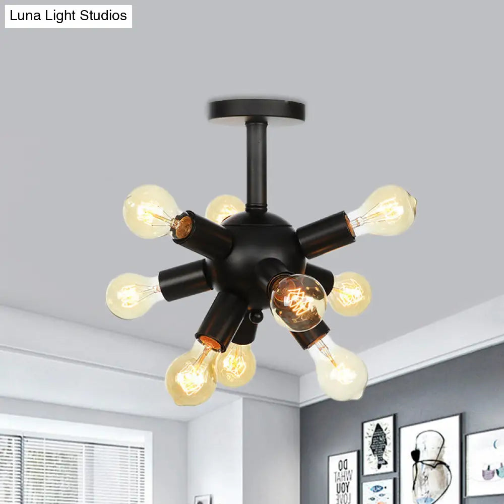 Industrial Metallic Sputnik Semi Flush Light Fixture - Stylish Black Coffee House Mount Lamp With