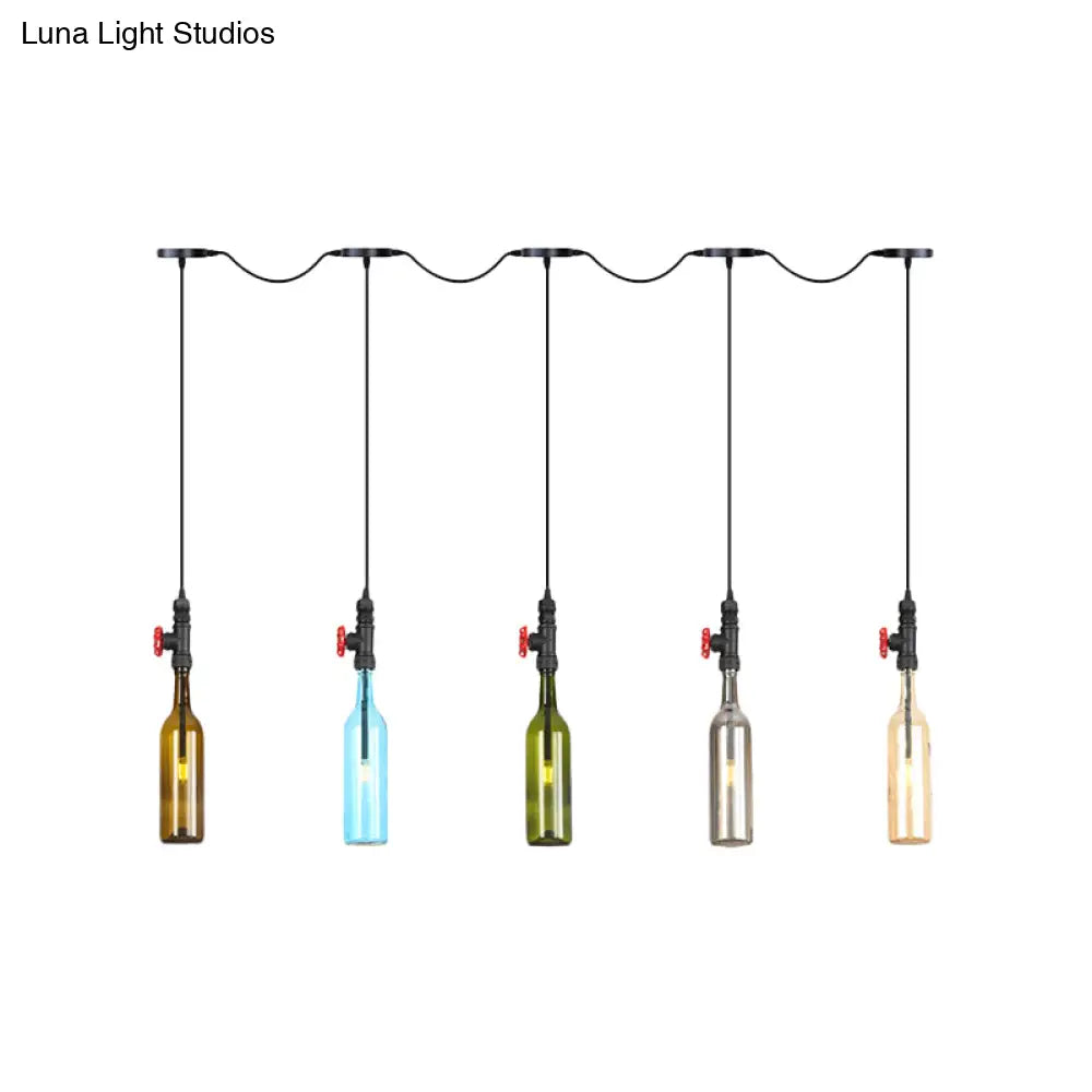 Industrial Multi-Bulb Ceiling Light With Black Finish And Colored Glass Bottles