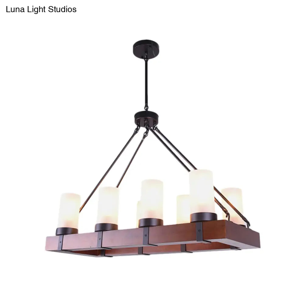 Industrial Multi-Light Pendant With Opal Glass & Black Cylinder Design Includes Wooden Rectangle