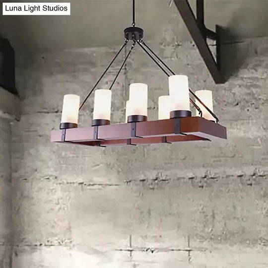 Industrial Multi-Light Pendant With Opal Glass & Black Cylinder Design Includes Wooden Rectangle