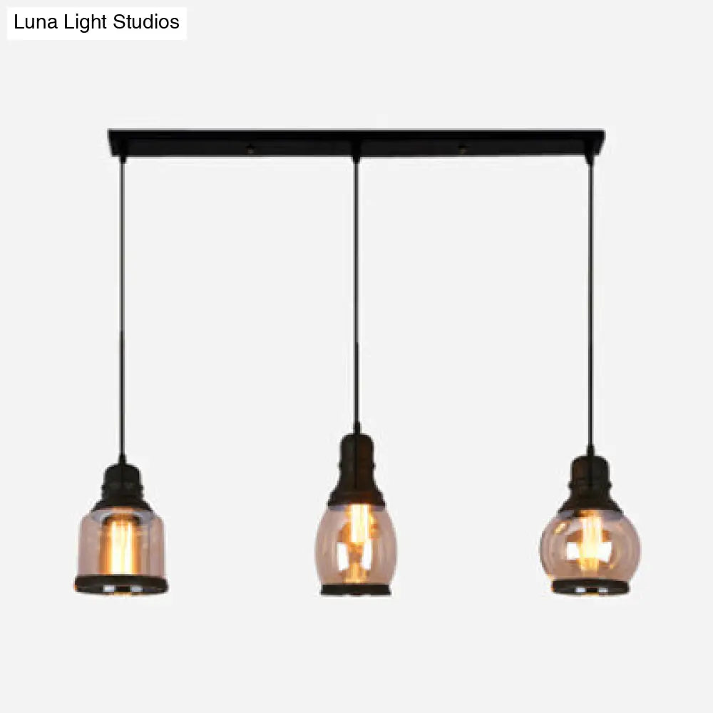 Industrial Amber Glass Pendant Light For Coffee Shops - 3-Light Black Ceiling Fixture / Linear