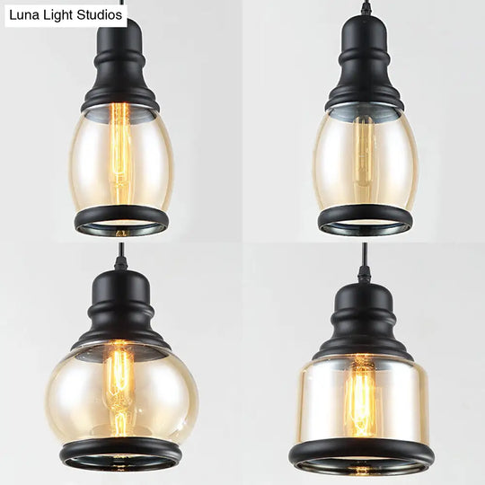 Industrial Amber Glass Pendant Light For Coffee Shops - 3-Light Black Ceiling Fixture