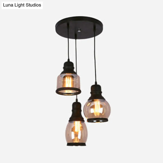 Industrial Amber Glass Pendant Light For Coffee Shops - 3-Light Black Ceiling Fixture / Round
