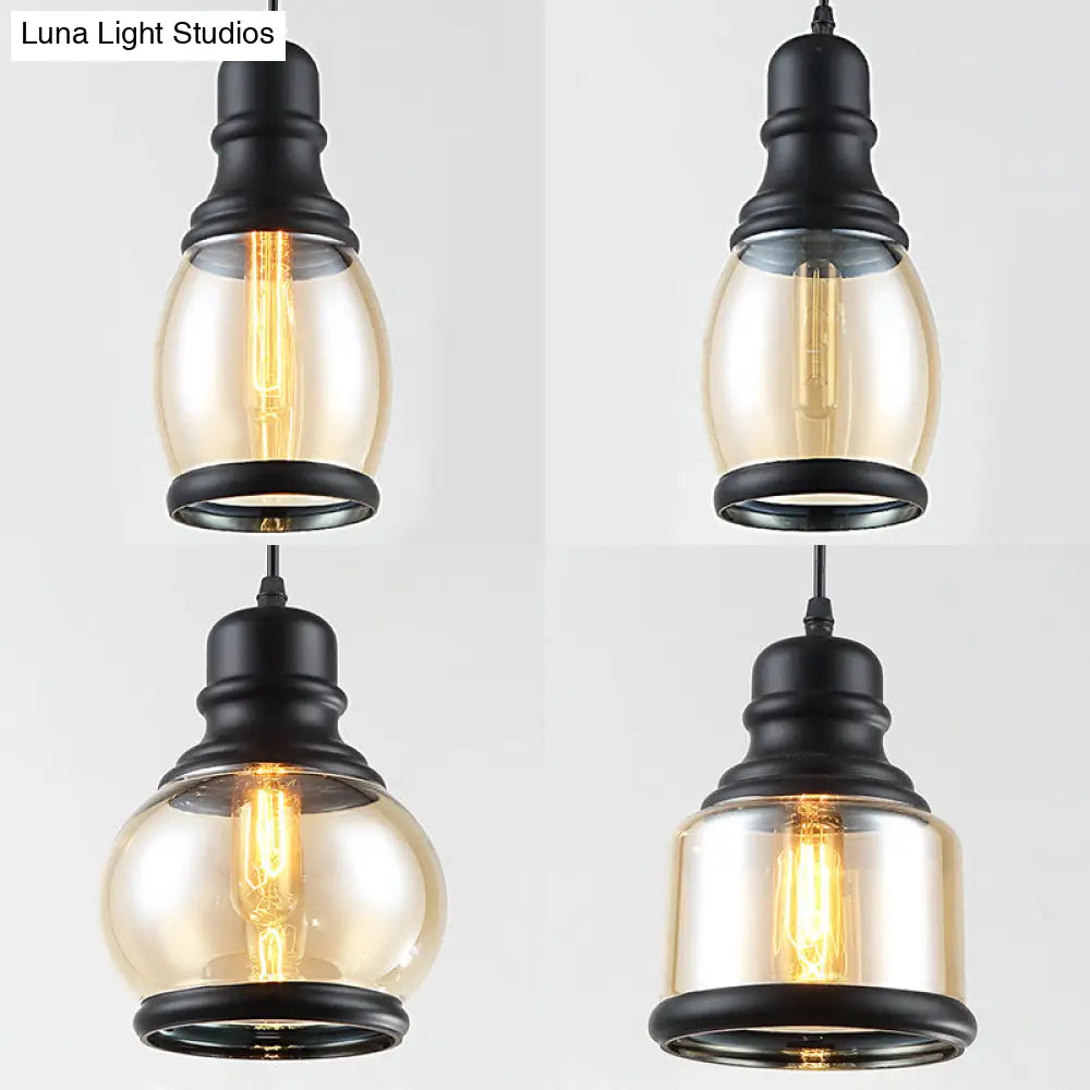 Industrial Multi-Pendant Ceiling Light With Amber Glass Shades For Coffee Shops