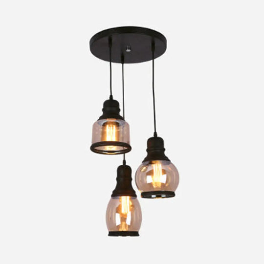 Industrial Multi-Pendant Ceiling Light With Amber Glass Shades For Coffee Shops / Round