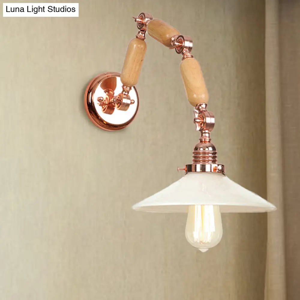 Industrial Opal Glass Cone Wall Light With Curved Arm - 1 Wood Finish Dining Room Sconce Fixture