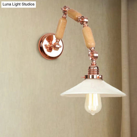 Industrial Opal Glass Cone Wall Light With Curved Arm - 1 Wood Finish Dining Room Sconce Fixture