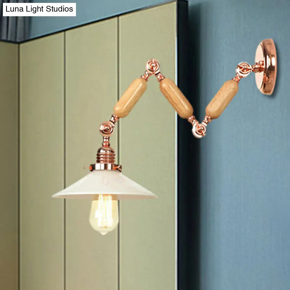 Industrial Opal Glass Cone Wall Light With Curved Arm - 1 Wood Finish Dining Room Sconce Fixture