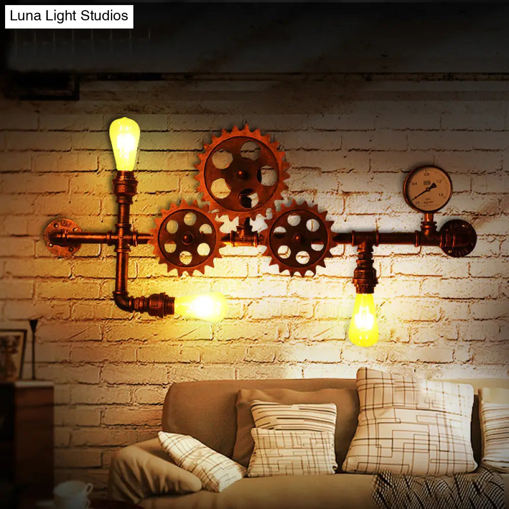 Industrial Open Bulb Wall Mounted Pipe Light 3-Light Sconce Weathered Copper Gear Design