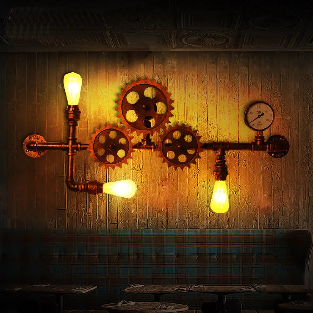 Industrial Open Bulb Wall Mounted Pipe Light 3-Light Sconce Weathered Copper Gear Design