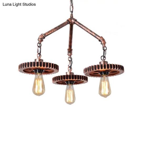 Industrial 3-Light Metal Chandelier In Weathered Copper Gear - Open Design For Dining Room Pendant