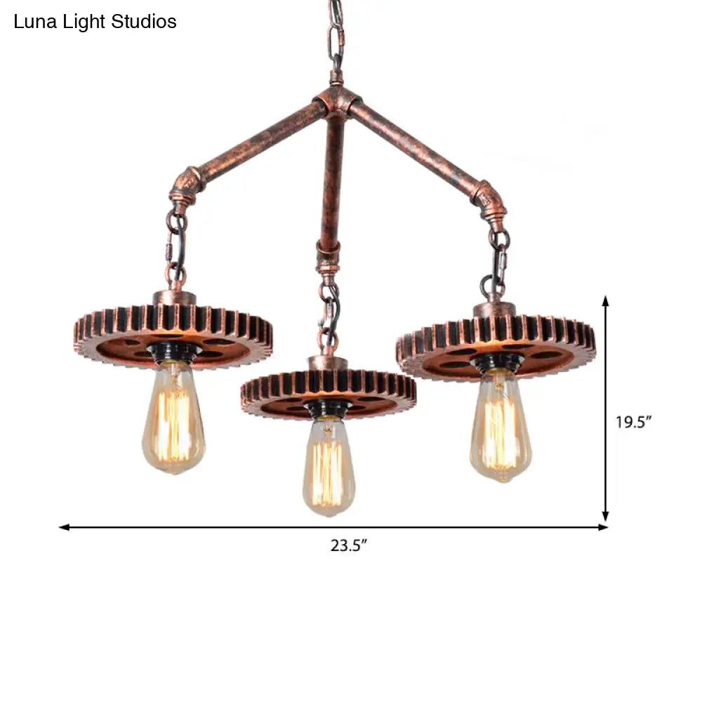 Industrial Open Metal Chandelier - 3-Light Pendant Lighting In Weathered Copper Gear For Dining Room