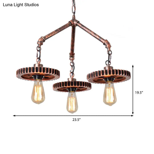 Industrial Open Metal Chandelier - 3-Light Pendant Lighting In Weathered Copper Gear For Dining Room