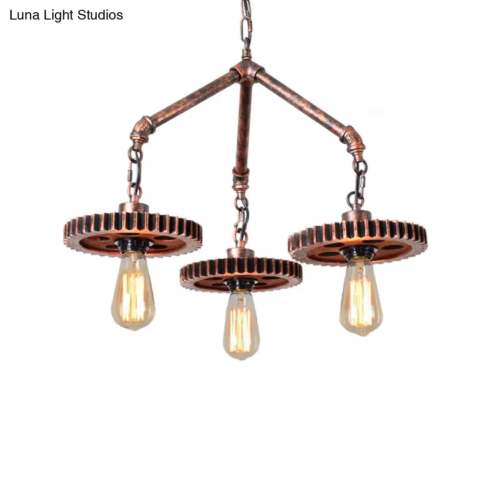 Industrial Open Metal Chandelier - 3-Light Pendant Lighting In Weathered Copper Gear For Dining Room