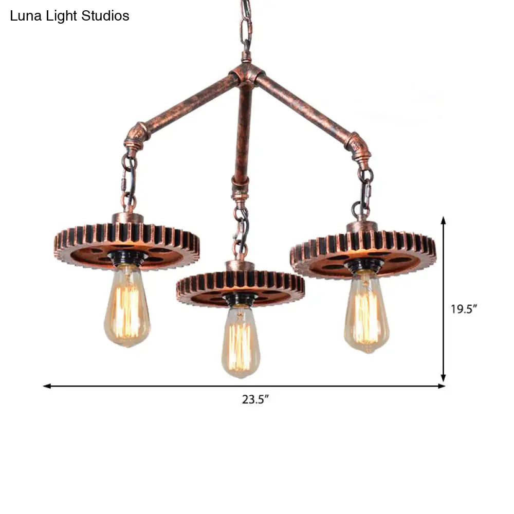 Industrial 3-Light Metal Chandelier In Weathered Copper Gear - Open Design For Dining Room Pendant