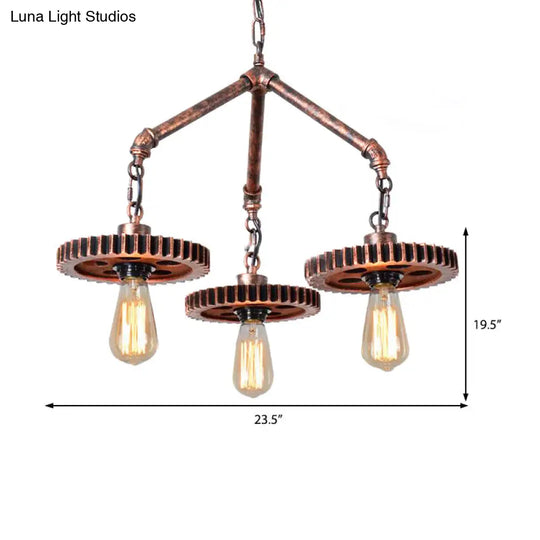 Industrial 3-Light Metal Chandelier In Weathered Copper Gear - Open Design For Dining Room Pendant