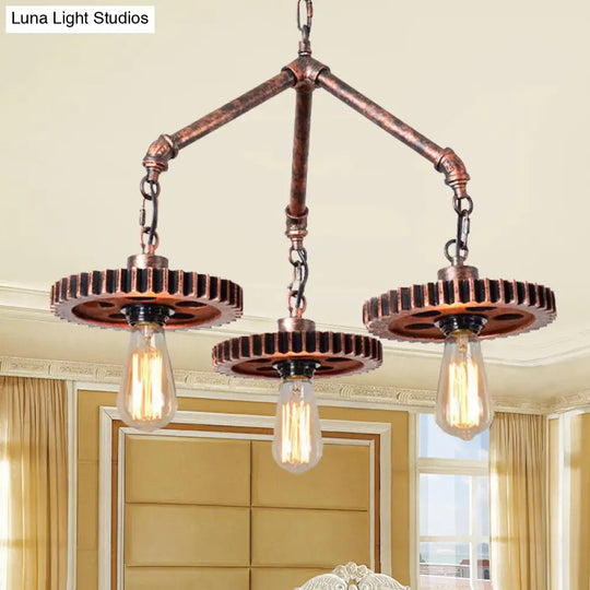 Industrial 3-Light Metal Chandelier In Weathered Copper Gear - Open Design For Dining Room Pendant