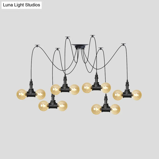 Industrial Orb Amber Glass Pendant Lamp - Multi Hanging Light Fixture (4/6/12 Bulbs) In Black