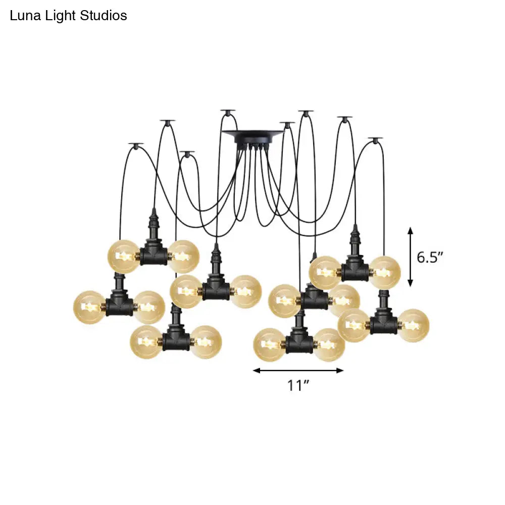 Industrial Orb Amber Glass Swag Pendant Lamp - 4/6/12 Bulbs Multi Hanging Light Fixture Black