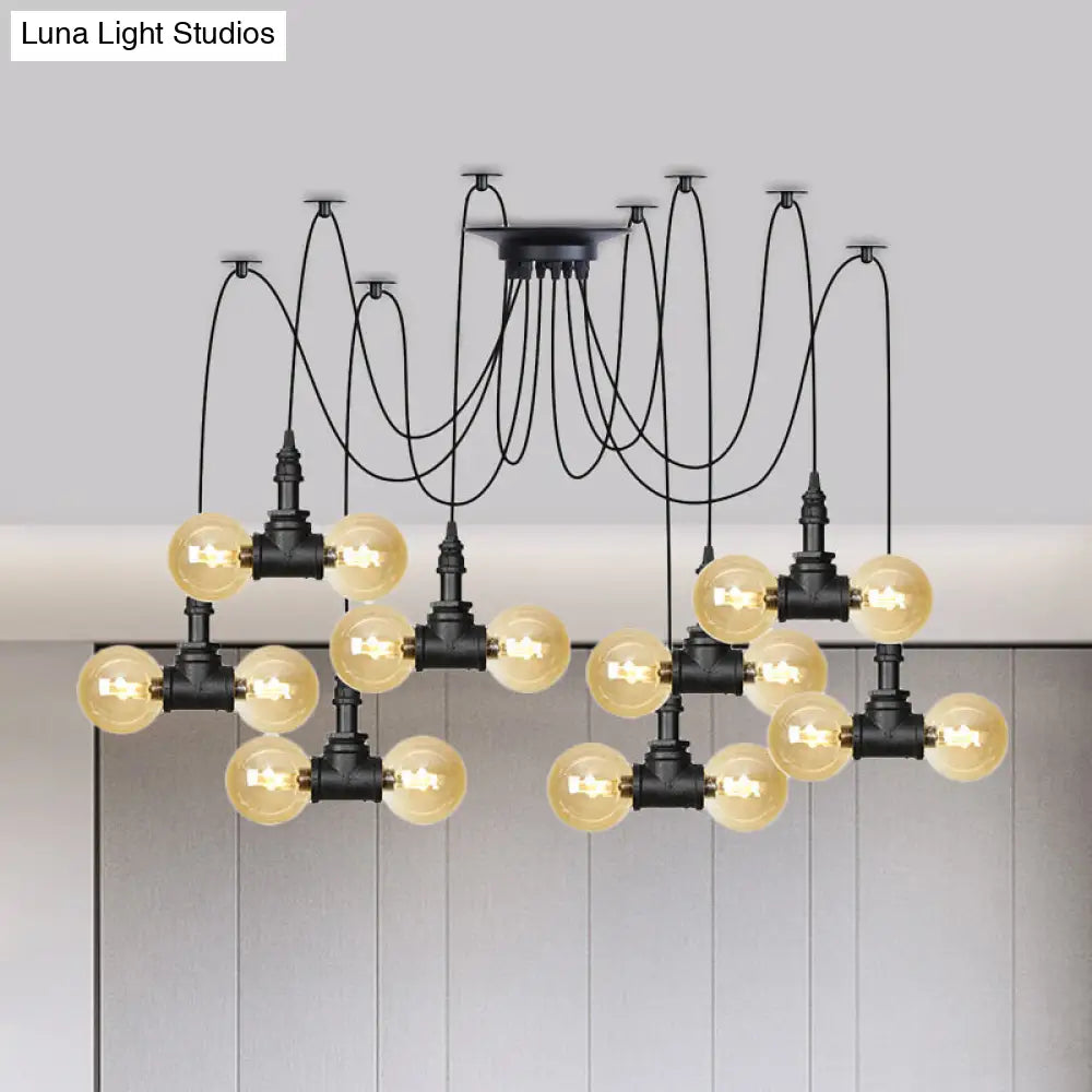 Industrial Orb Amber Glass Swag Pendant Lamp - 4/6/12 Bulbs Multi Hanging Light Fixture Black