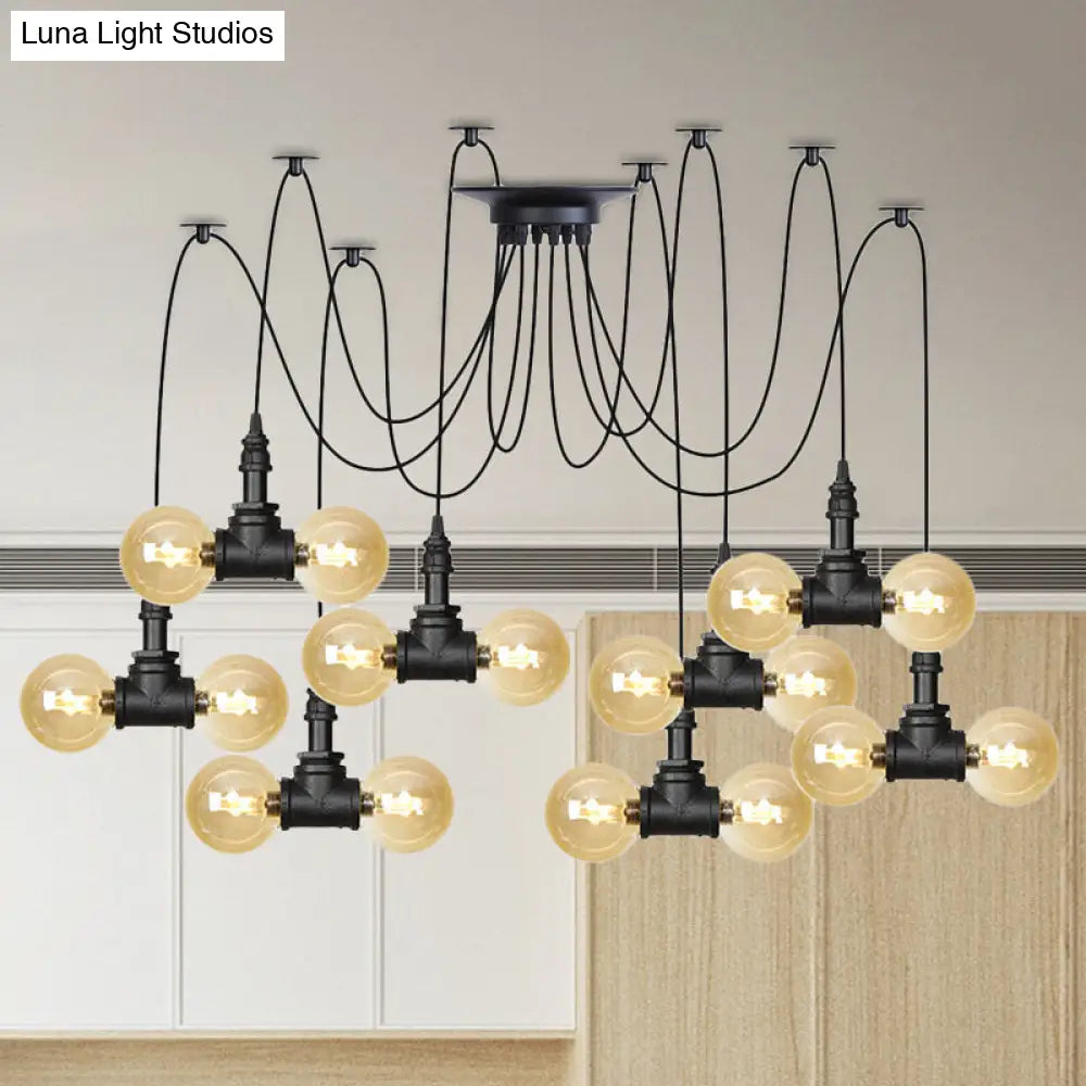 Industrial Orb Amber Glass Swag Pendant Lamp - 4/6/12 Bulbs Multi Hanging Light Fixture Black